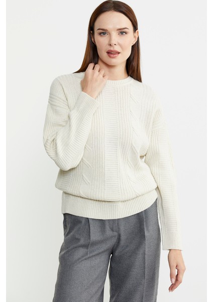 Saç Örgü Motifli Yünlü Triko Kazak - Açık Bej