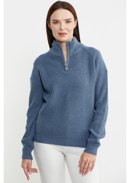 Yarım Balıkçı Yaka Fermuarlı Yün Triko Kazak - Koyu Mavi