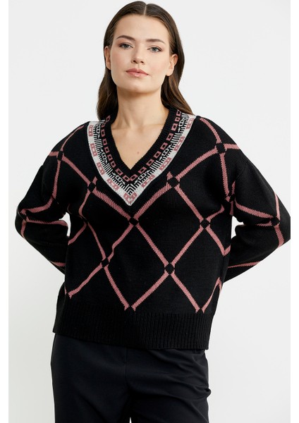 Jakarlı Çok Desenli Yünlü Triko Kazak - Siyah