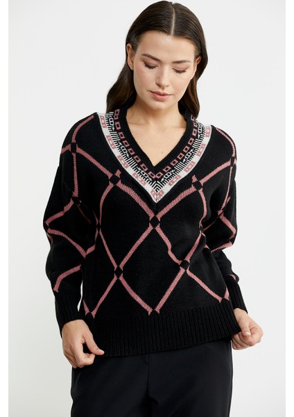 Jakarlı Çok Desenli Yünlü Triko Kazak - Siyah fiyatları