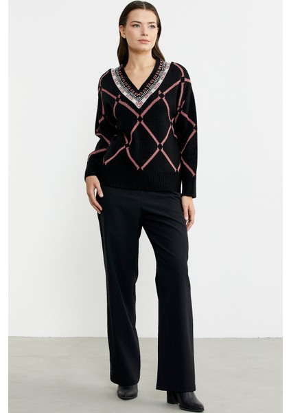 Jakarlı Çok Desenli Yünlü Triko Kazak - Siyah modelleri