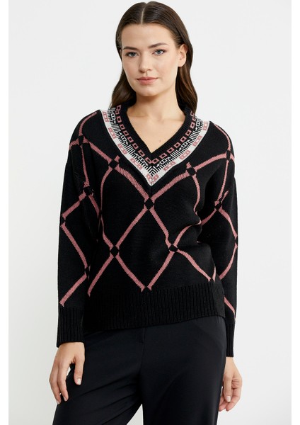 Jakarlı Çok Desenli Yünlü Triko Kazak - Siyah fırsatları