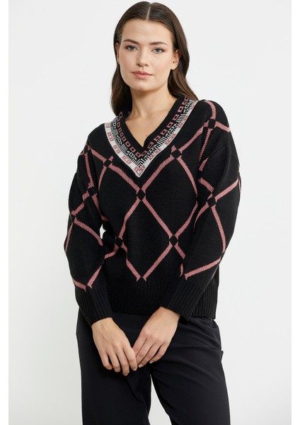 Jakarlı Çok Desenli Yünlü Triko Kazak - Siyah indirimleri