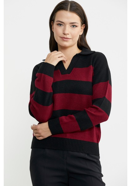 Açık Polo Yaka Çizgili Yünlü Triko Kazak - Siyah