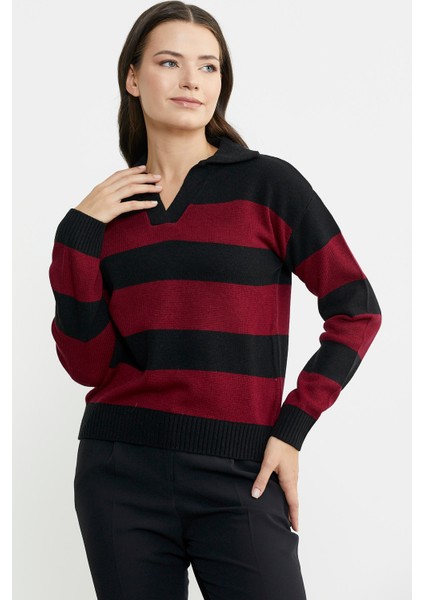 Açık Polo Yaka Çizgili Yünlü Triko Kazak - Siyah fiyatları