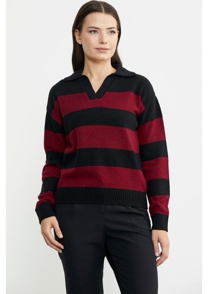 Açık Polo Yaka Çizgili Yünlü Triko Kazak - Siyah modelleri