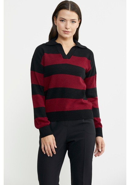 Açık Polo Yaka Çizgili Yünlü Triko Kazak - Siyah fırsatları