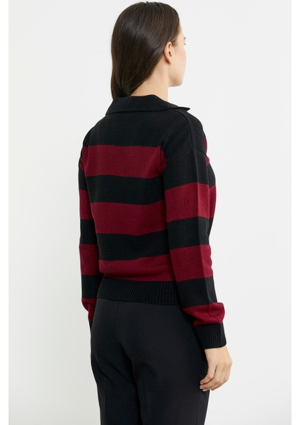 Açık Polo Yaka Çizgili Yünlü Triko Kazak - Siyah indirimleri