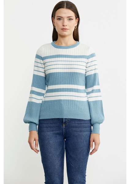 Çizgi Detaylı Yünlü Triko Kazak - Mavi fiyatları