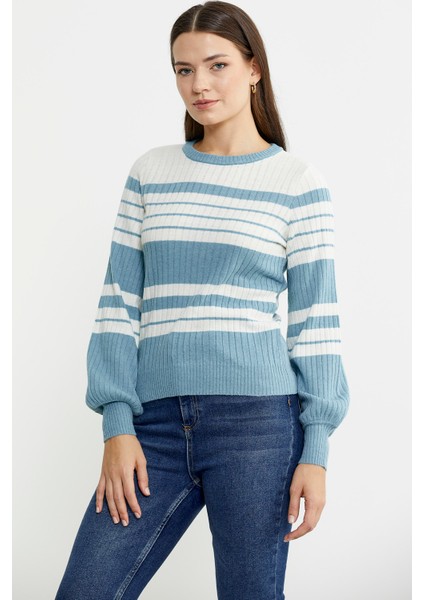 Çizgi Detaylı Yünlü Triko Kazak - Mavi fırsatları