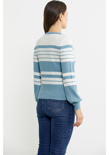 Çizgi Detaylı Yünlü Triko Kazak - Mavi indirimleri