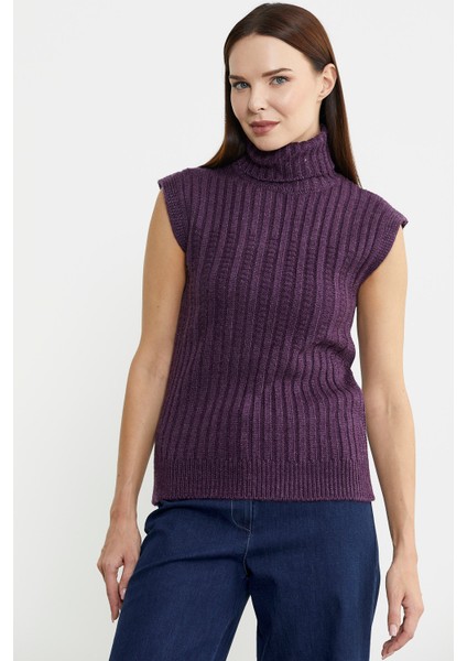 Yünlü Tam Balıkçı Kolsuz Triko Süveter - Mor modelleri