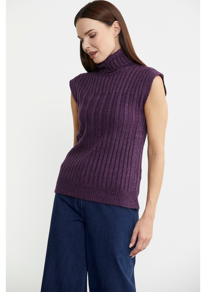 Yünlü Tam Balıkçı Kolsuz Triko Süveter - Mor fırsatları