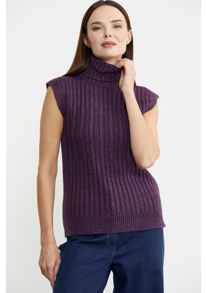 Yünlü Tam Balıkçı Kolsuz Triko Süveter - Mor indirimleri