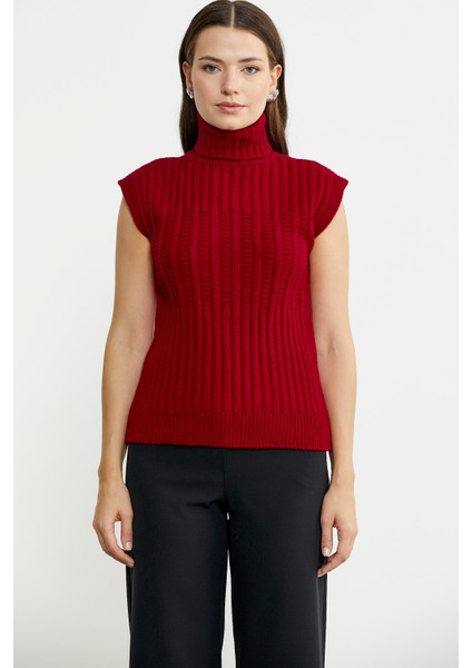 Yünlü Tam Balıkçı Kolsuz Triko Süveter - Kırmızı