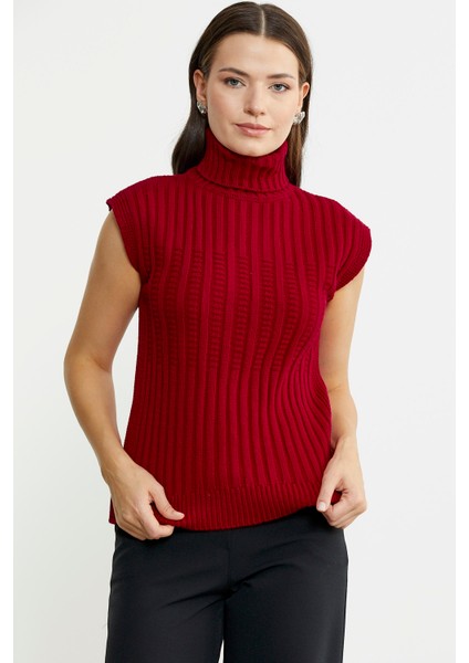 Yünlü Tam Balıkçı Kolsuz Triko Süveter - Kırmızı modelleri