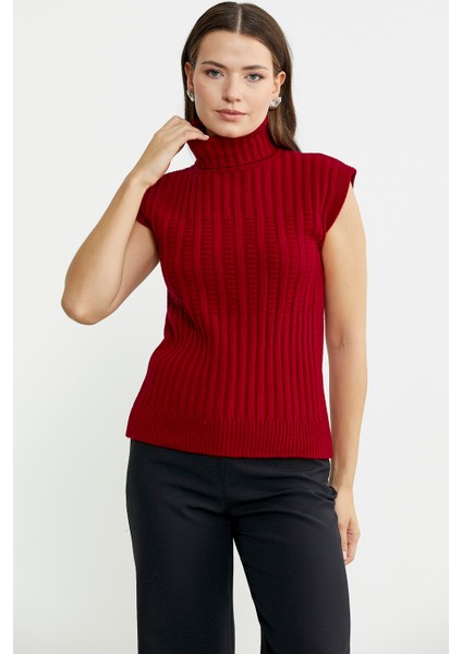 Yünlü Tam Balıkçı Kolsuz Triko Süveter - Kırmızı fırsatları