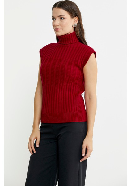 Yünlü Tam Balıkçı Kolsuz Triko Süveter - Kırmızı indirimleri