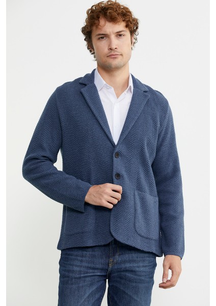 Üç Düğmeli Yünlü Triko Ceket - Indigo