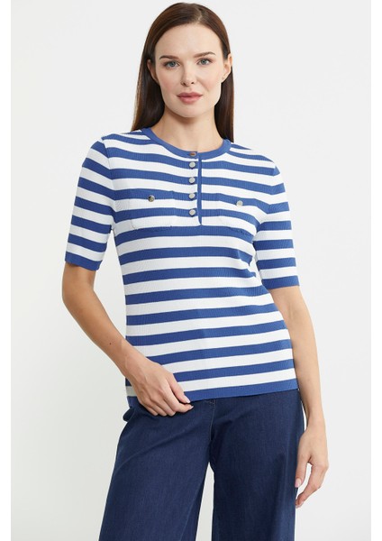 Düğme Detaylı Çizgili Triko Kazak - Mavi