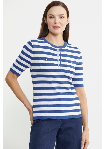 Düğme Detaylı Çizgili Triko Kazak - Mavi fiyatları