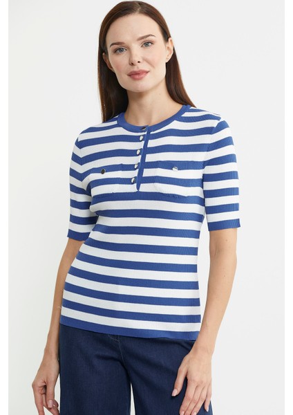 Düğme Detaylı Çizgili Triko Kazak - Mavi modelleri