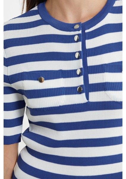 Düğme Detaylı Çizgili Triko Kazak - Mavi indirimleri