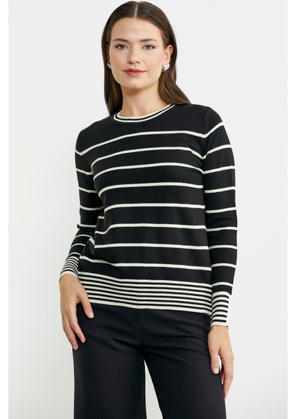 Sıfır Yaka Çizgili Triko Kazak - Siyah