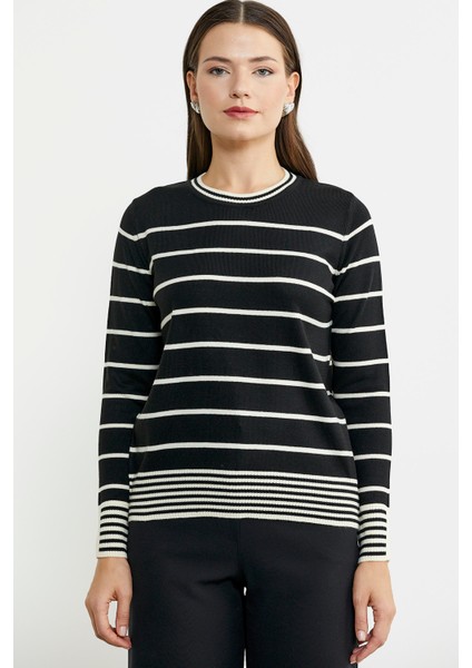 Sıfır Yaka Çizgili Triko Kazak - Siyah fiyatları