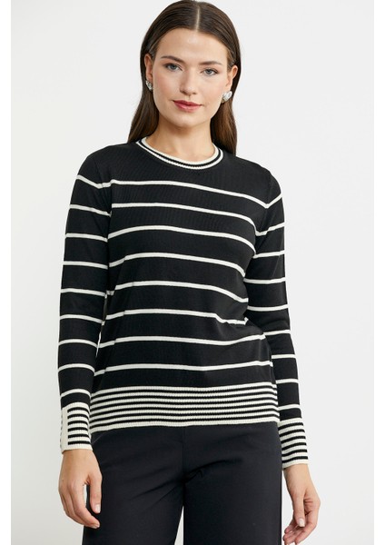 Sıfır Yaka Çizgili Triko Kazak - Siyah modelleri