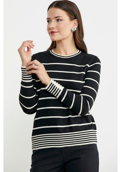 Sıfır Yaka Çizgili Triko Kazak - Siyah indirimleri