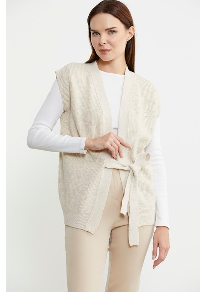 Kendinden Kemerli Yünlü Triko Yelek - Bej fiyatları