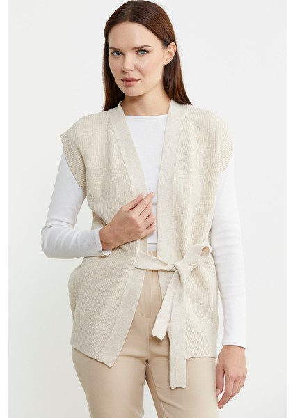 Kendinden Kemerli Yünlü Triko Yelek - Bej modelleri