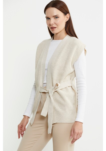 Kendinden Kemerli Yünlü Triko Yelek - Bej fırsatları