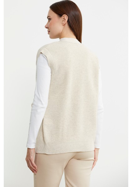 Kendinden Kemerli Yünlü Triko Yelek - Bej indirimleri