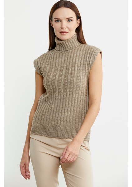 Yünlü Tam Balıkçı Kolsuz Triko Süveter - Koyu Bej