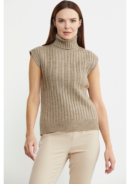 Yünlü Tam Balıkçı Kolsuz Triko Süveter - Koyu Bej fiyatları