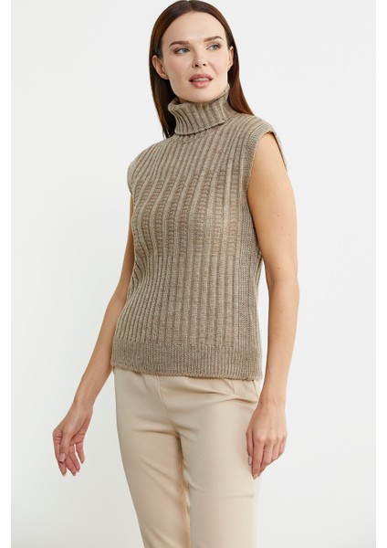 Yünlü Tam Balıkçı Kolsuz Triko Süveter - Koyu Bej modelleri