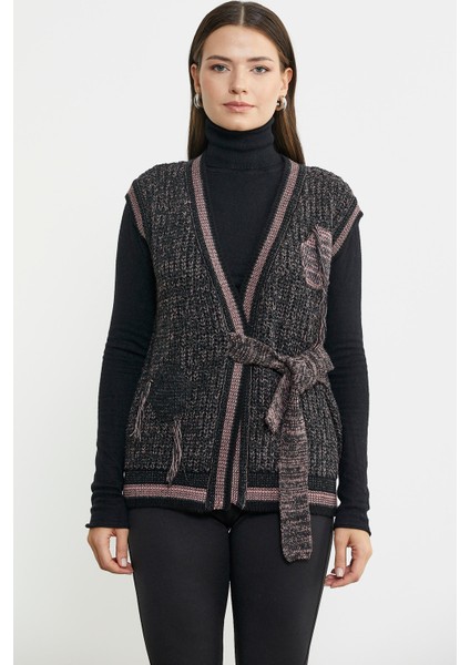 Renk Kombinli Kuşaklı Yünlü Triko Yelek - Siyah fiyatları