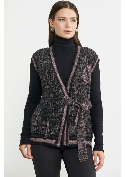 Renk Kombinli Kuşaklı Yünlü Triko Yelek - Siyah modelleri