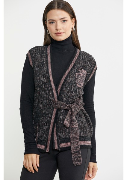 Renk Kombinli Kuşaklı Yünlü Triko Yelek - Siyah fırsatları
