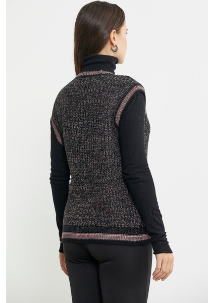 Renk Kombinli Kuşaklı Yünlü Triko Yelek - Siyah indirimleri