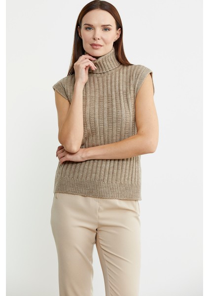 Yünlü Tam Balıkçı Kolsuz Triko Süveter - Koyu Bej indirimleri