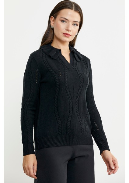 Fırfır Yakalı Motifli Triko Kazak - Siyah