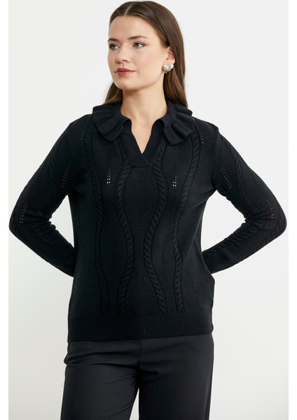 Fırfır Yakalı Motifli Triko Kazak - Siyah fiyatları