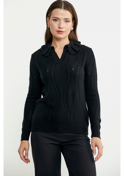 Fırfır Yakalı Motifli Triko Kazak - Siyah modelleri