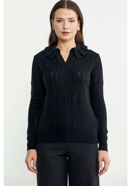 Fırfır Yakalı Motifli Triko Kazak - Siyah fırsatları