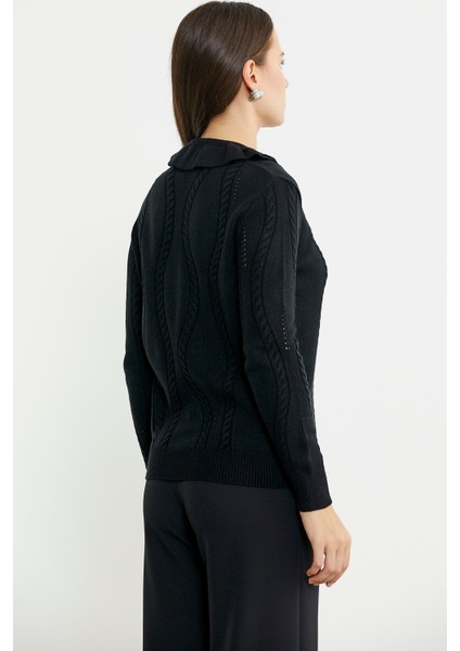 Fırfır Yakalı Motifli Triko Kazak - Siyah indirimleri