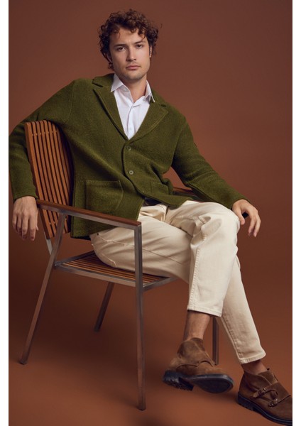 Yünlü Üç Düğme Triko Ceket - Yeşil