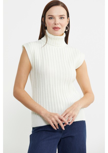 Yünlü Tam Balıkçı Kolsuz Triko Süveter - Kemik